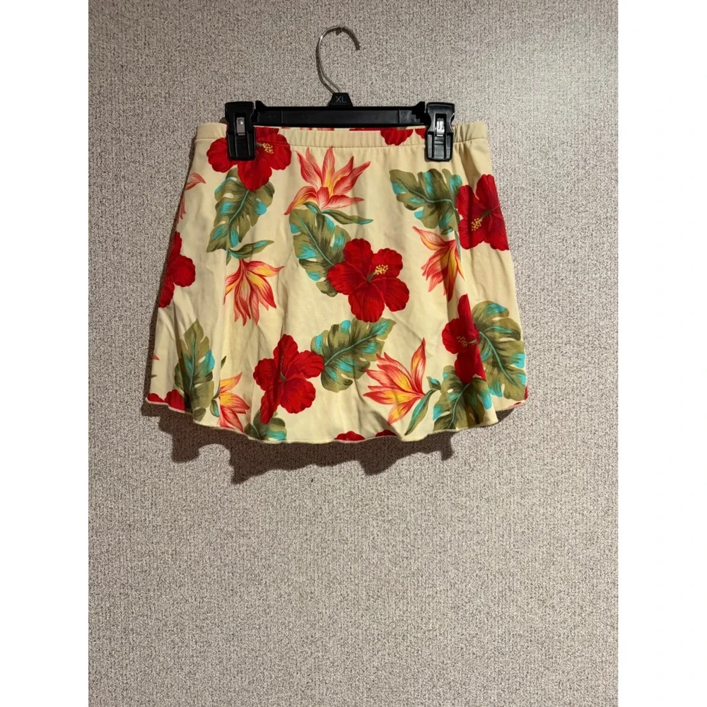 Tropical Floral Swim Skirt with Built-in Brief Cream Red Green small
